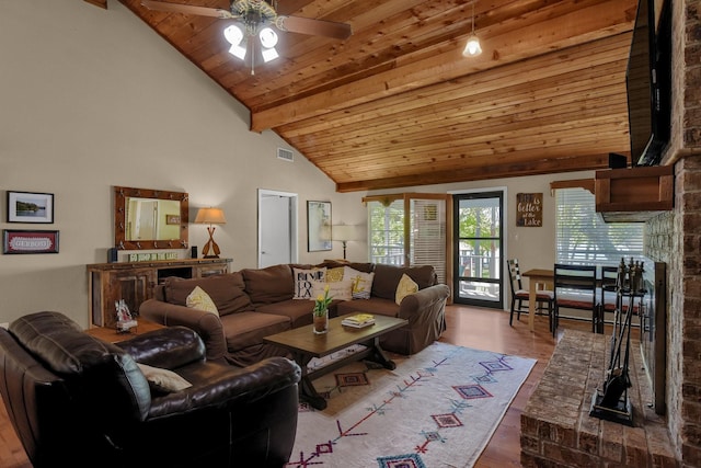 living room featuring visible vents, wood ceiling, wood finished floors, high vaulted ceiling, and beam ceiling