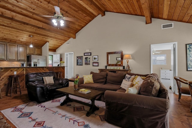 living area with wood ceiling, visible vents, and beam ceiling