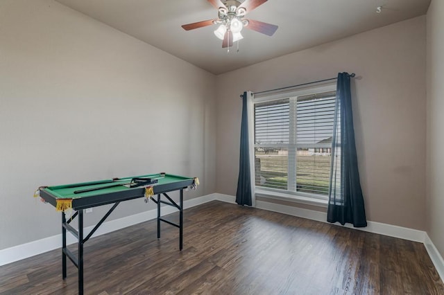 rec room with ceiling fan, baseboards, wood finished floors, and pool table