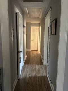 corridor featuring dark wood-type flooring and attic access