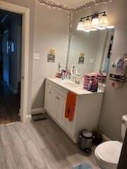 bathroom featuring vanity, toilet, and wood finished floors