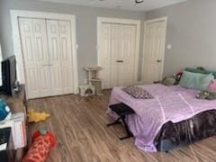 bedroom featuring wood finished floors and two closets