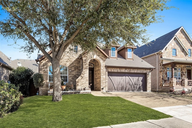 view of front of home featuring brick siding, a garage, stone siding, driveway, and a front lawn