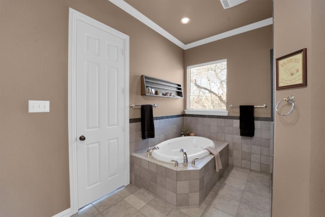 bathroom featuring crown molding, a bath, and tile patterned floors