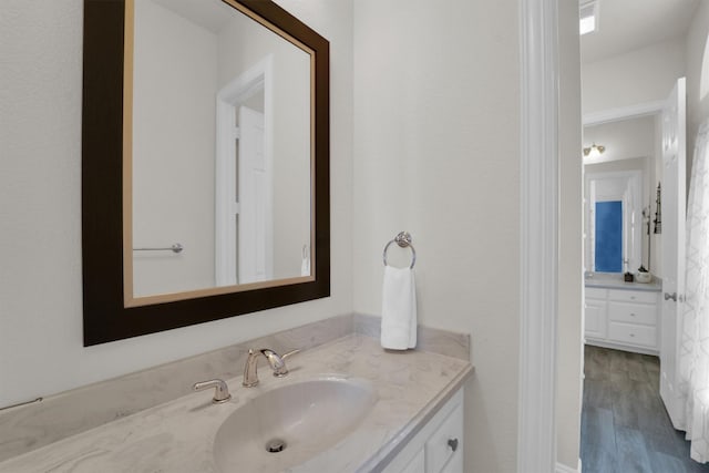 bathroom with wood finished floors and vanity