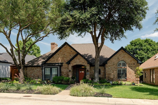 view of front of home with brick siding, a chimney, and a front lawn