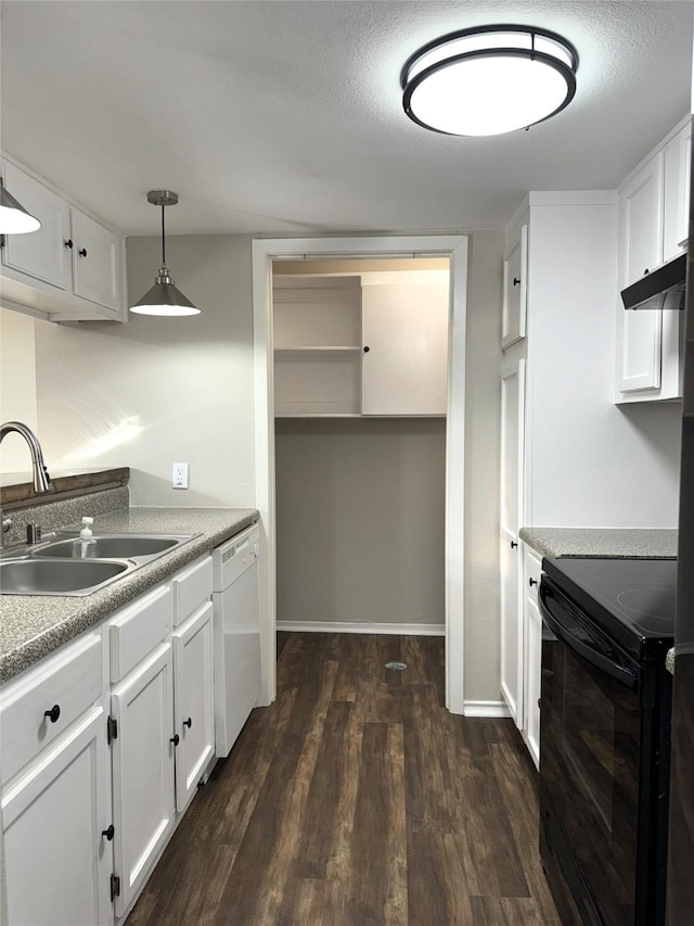 kitchen with black range with electric stovetop, a sink, white cabinets, hanging light fixtures, and dishwasher