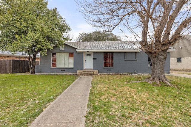 ranch-style house featuring crawl space, a front yard, fence, and brick siding