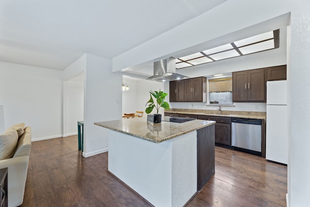 kitchen featuring island range hood, dishwasher, freestanding refrigerator, dark brown cabinets, and a sink