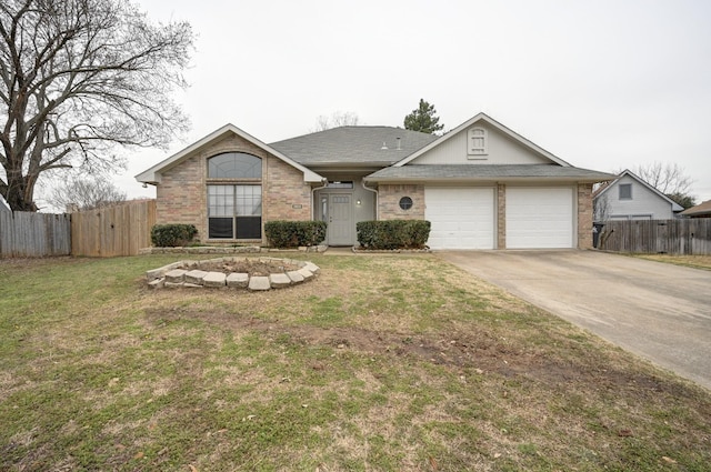 ranch-style home featuring a garage, concrete driveway, brick siding, and fence