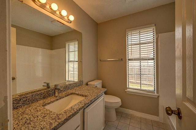 bathroom featuring tile patterned flooring, toilet, vanity, and baseboards