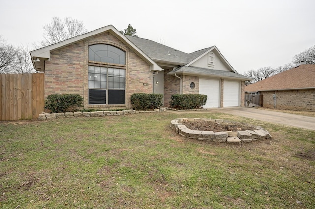 ranch-style home featuring driveway, brick siding, an attached garage, and fence