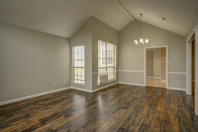 unfurnished dining area featuring dark wood-style flooring, vaulted ceiling with beams, a notable chandelier, visible vents, and baseboards