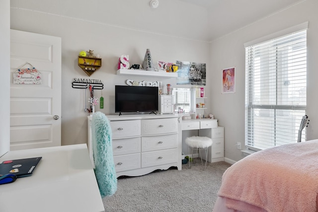 bedroom featuring light colored carpet