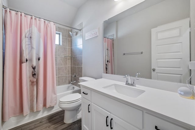 full bathroom with toilet, shower / bath combo, vaulted ceiling, vanity, and wood finished floors