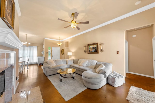living room with ceiling fan, ornamental molding, lofted ceiling, concrete floors, and baseboards