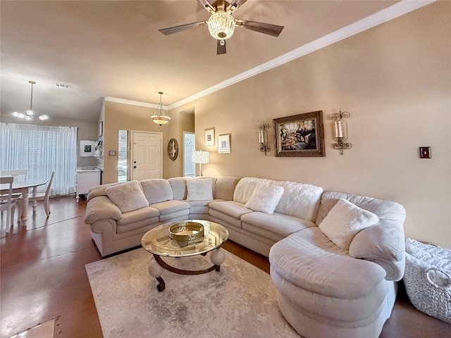 living room featuring ceiling fan, visible vents, and crown molding