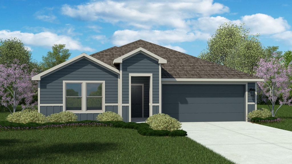 single story home featuring roof with shingles, board and batten siding, a front yard, a garage, and driveway