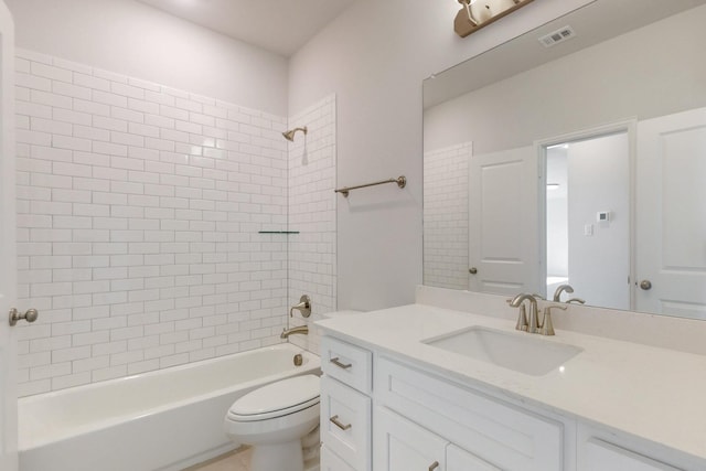 full bathroom with shower / bathtub combination, visible vents, vanity, and toilet