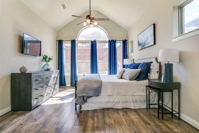 bedroom featuring dark wood-style floors, multiple windows, and visible vents