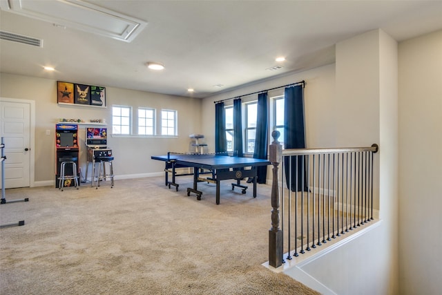 rec room with recessed lighting, light carpet, visible vents, baseboards, and attic access