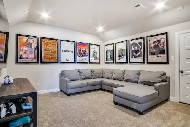 living room featuring recessed lighting, light colored carpet, visible vents, vaulted ceiling, and baseboards