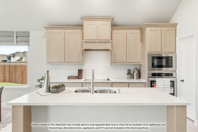 13133 Yellowstone Way, Providence Village, TX 76227 - kitchen featuring black microwave, light countertops, backsplash, and stainless steel oven