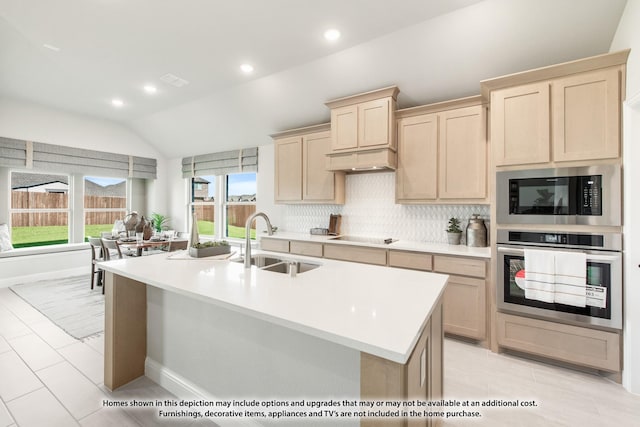 13133 Yellowstone Way, Providence Village, TX 76227 - kitchen with a sink, black appliances, light countertops, and light brown cabinets