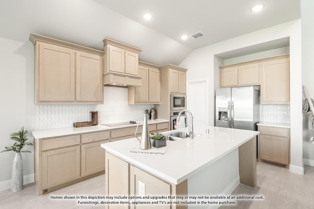 13133 Yellowstone Way, Providence Village, TX 76227 - kitchen with visible vents, black appliances, light countertops, and a center island with sink