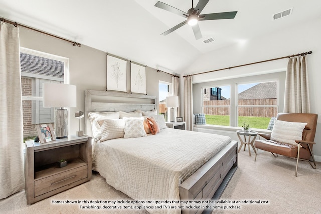13133 Yellowstone Way, Providence Village, TX 76227 - bedroom with light colored carpet, lofted ceiling, visible vents, and a ceiling fan