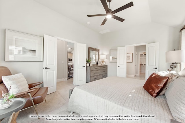 13133 Yellowstone Way, Providence Village, TX 76227 - bedroom featuring light colored carpet, vaulted ceiling, baseboards, and ceiling fan
