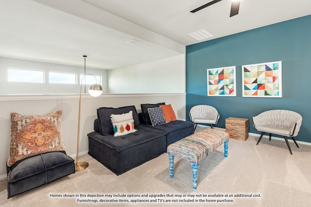 13133 Yellowstone Way, Providence Village, TX 76227 - living room with baseboards, visible vents, ceiling fan, and carpet flooring