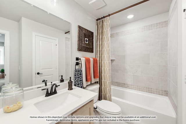 13133 Yellowstone Way, Providence Village, TX 76227 - bathroom featuring toilet, recessed lighting, visible vents, vanity, and shower / bathtub combination with curtain