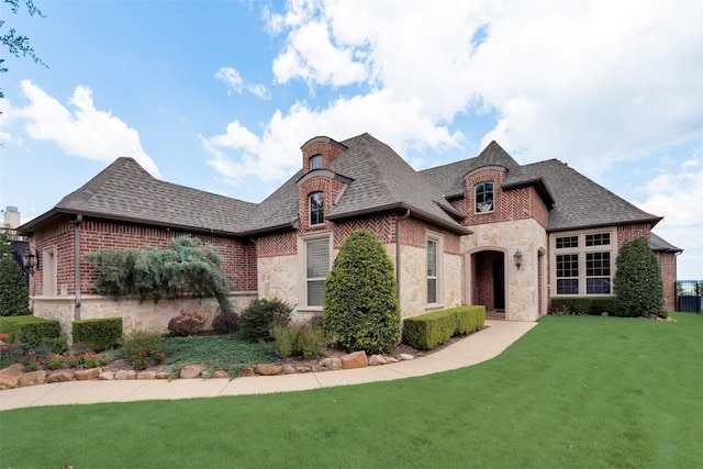 french country style house with stone siding, a shingled roof, a front lawn, and brick siding