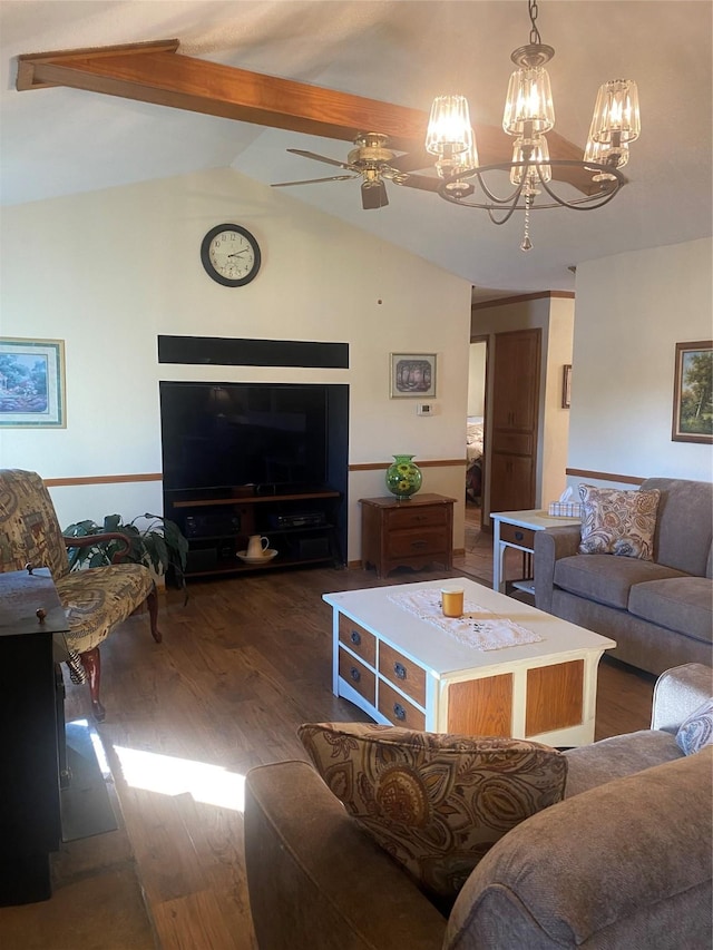 living area featuring lofted ceiling with beams, dark wood-style floors, and ceiling fan with notable chandelier