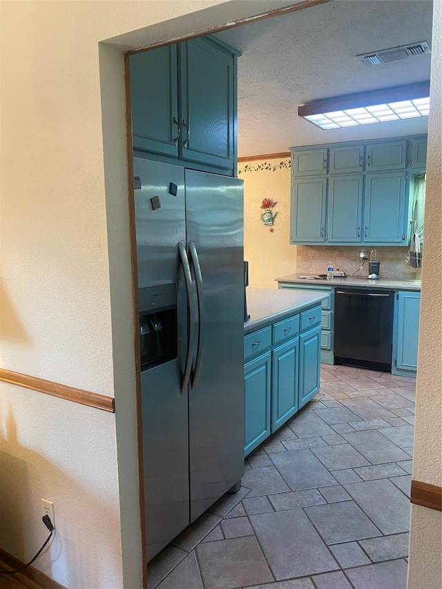 kitchen with dishwasher, light countertops, visible vents, and stainless steel fridge with ice dispenser