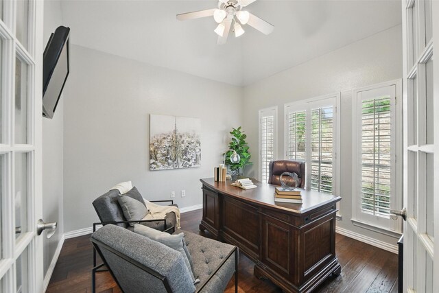2781 Timber Crest Ln, Highland Village, TX 75077 - home office with a ceiling fan, dark wood-type flooring, baseboards, vaulted ceiling, and french doors