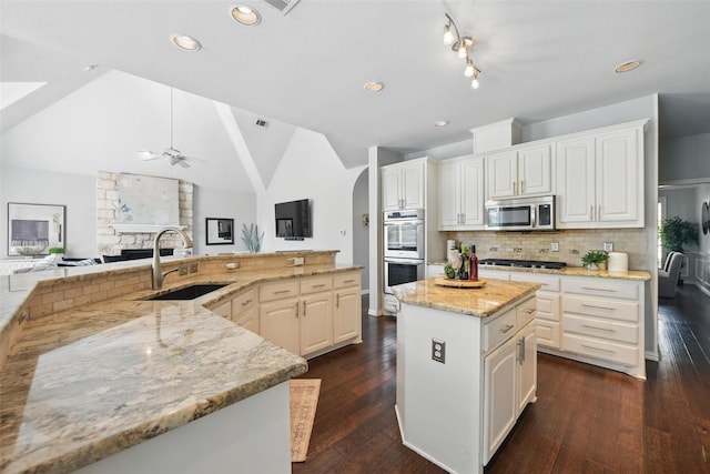 2781 Timber Crest Ln, Highland Village, TX 75077 - kitchen featuring a sink, stainless steel appliances, a ceiling fan, a spacious island, and vaulted ceiling