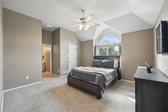 2781 Timber Crest Ln, Highland Village, TX 75077 - bedroom featuring light carpet, baseboards, lofted ceiling, a ceiling fan, and connected bathroom