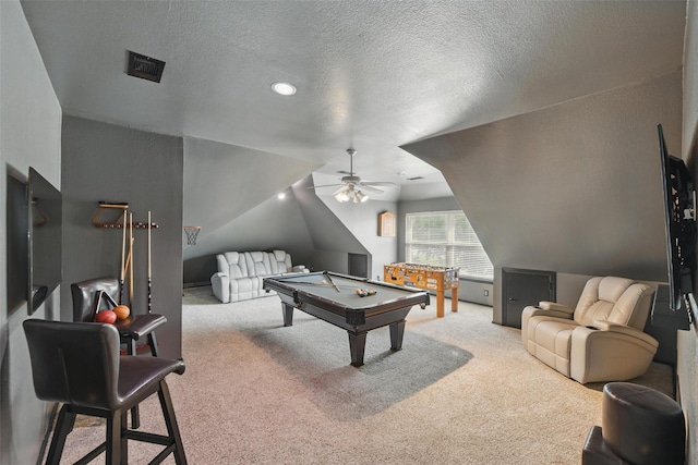 2781 Timber Crest Ln, Highland Village, TX 75077 - game room featuring ceiling fan, carpet flooring, billiards table, lofted ceiling, and a textured ceiling