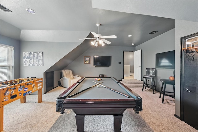 2781 Timber Crest Ln, Highland Village, TX 75077 - rec room with carpet floors, a ceiling fan, billiards table, and recessed lighting