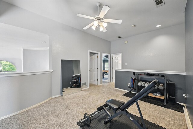2781 Timber Crest Ln, Highland Village, TX 75077 - exercise room with carpet flooring, a ceiling fan, baseboards, and recessed lighting