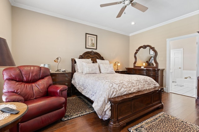 bedroom featuring dark wood finished floors, a ceiling fan, ensuite bathroom, crown molding, and recessed lighting