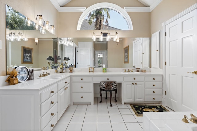 full bath featuring vaulted ceiling, double vanity, a sink, and tile patterned floors