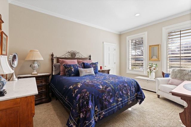 bedroom featuring light carpet and ornamental molding