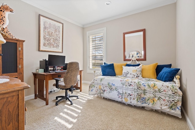 bedroom with baseboards, crown molding, and light colored carpet