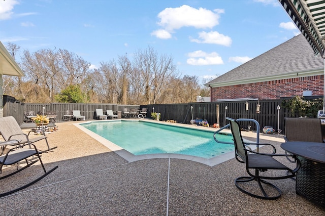 view of swimming pool featuring a patio area, a fenced backyard, and a fenced in pool