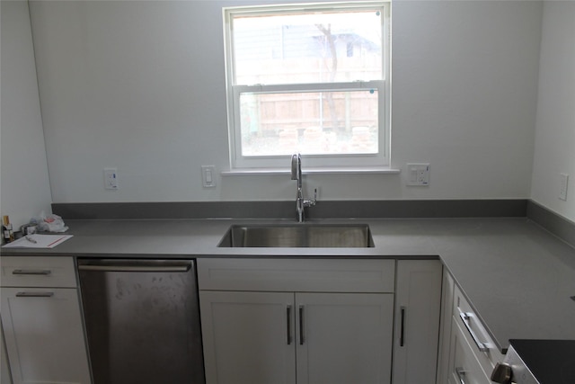 kitchen featuring white cabinets, dishwasher, and a sink