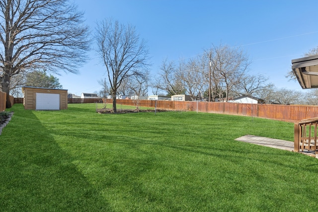 view of yard featuring a fenced backyard, an outdoor structure, and a shed