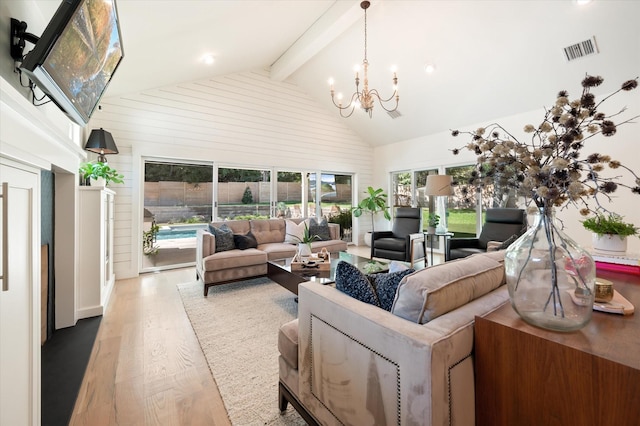 sunroom / solarium with a chandelier, visible vents, and lofted ceiling with beams